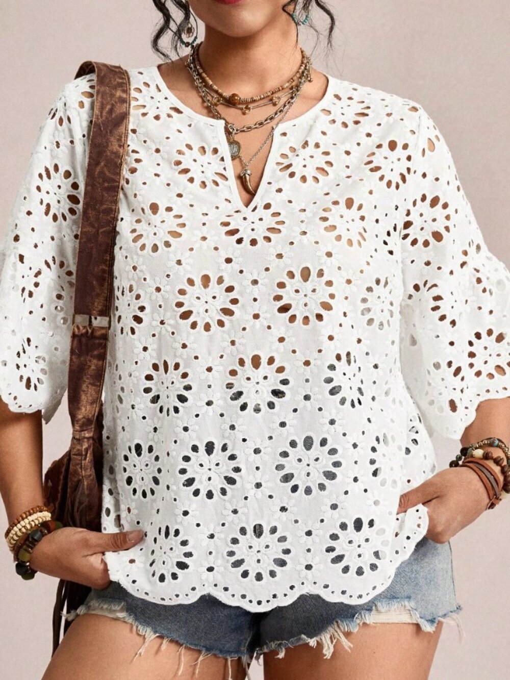 White Boho Women's Plus Size Hollow Out Embroidery Notched Neck Blouse